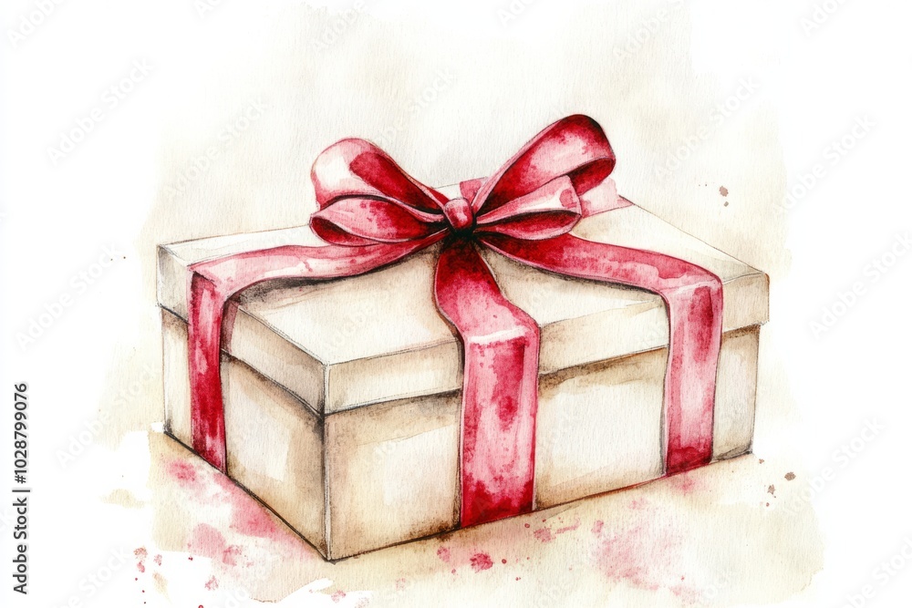 watercolor, cute style gift box, pale beige with red bow, neutral red colors, white background