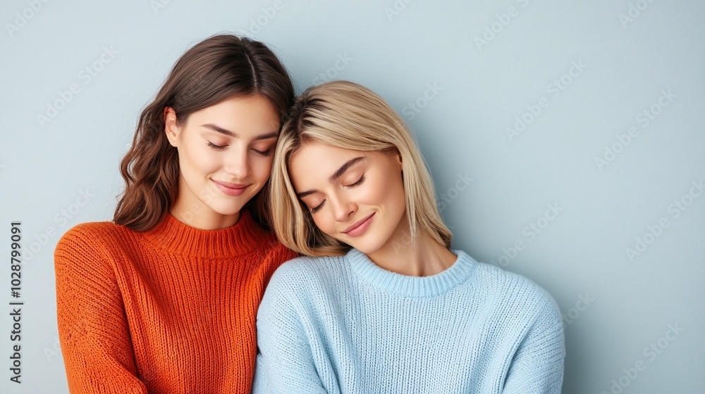 Two women are hugging each other and smiling Two women are hugging each other and smiling