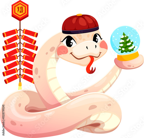 Cheerful cartoon snake character, symbolizing the Chinese Lunar Year 2025, wears traditional red hat while holding a festive snow globe with a Christmas tree and firecrackers exudes cultural tradition