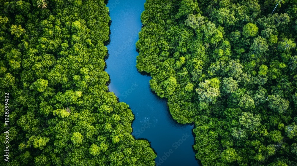 Naklejka premium Aerial View of a Lush Forest with a Winding River