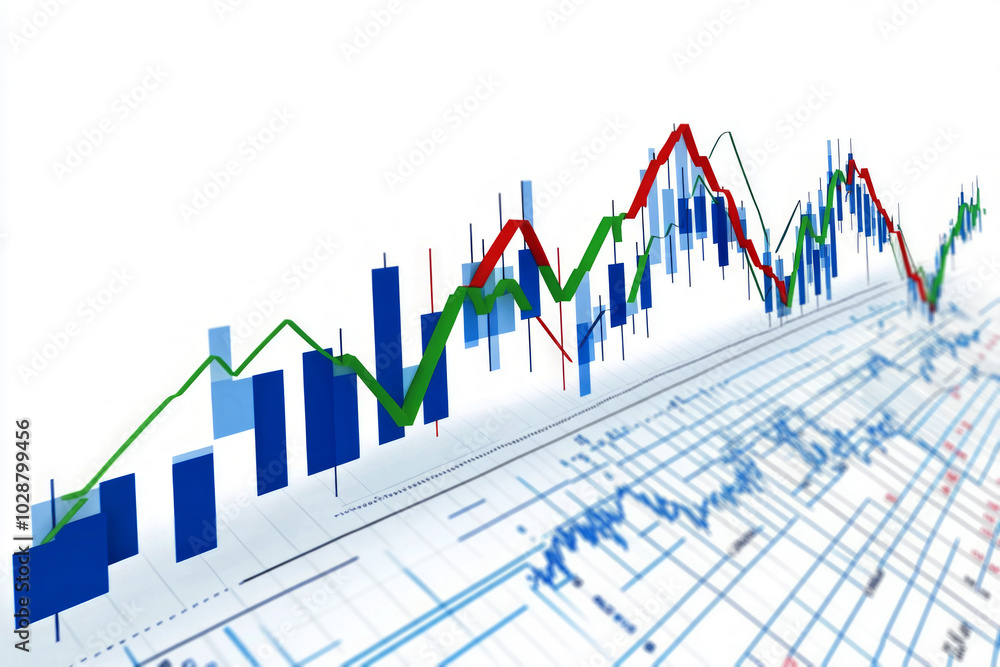 financial graph with bar lines and an upward-trending line curve financial graph with bar lines and an upward-trending line curve