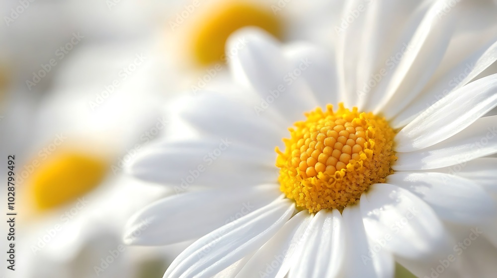 Fototapeta premium A close-up view of pristine white daisy petals adorned with golden centers in soft sunlight background