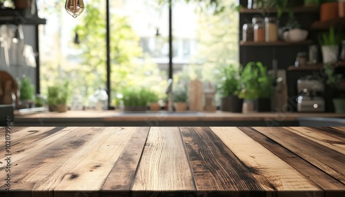 Wooden table top in bright kitchen with blurred window and plants background