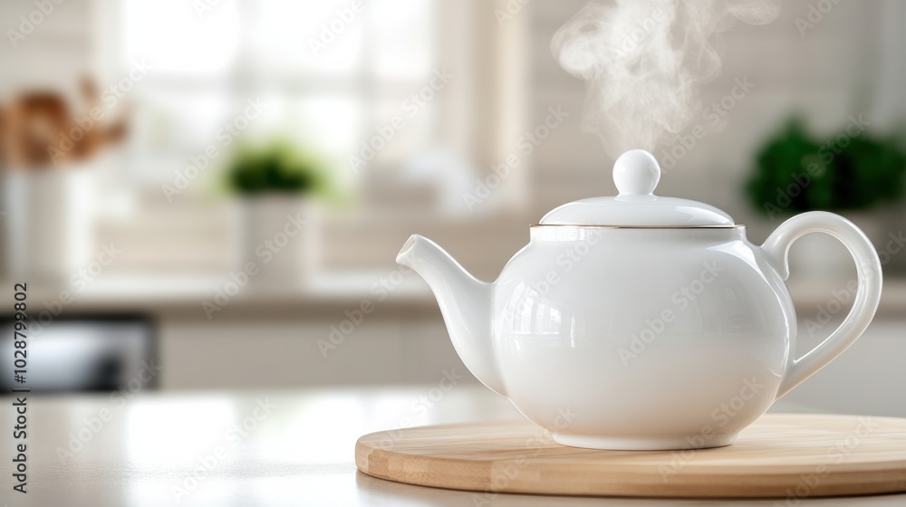 Steaming white teapot on a wooden board in a bright kitchen setting, AI Steaming white teapot on a wooden board in a bright kitchen setting, AI