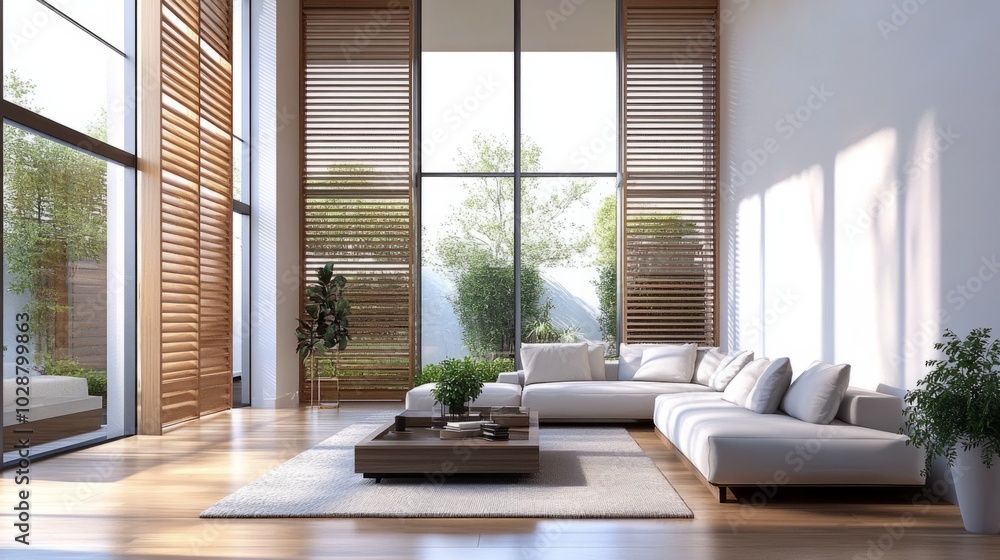 Fototapeta premium A modern living room with blinds on the windows 