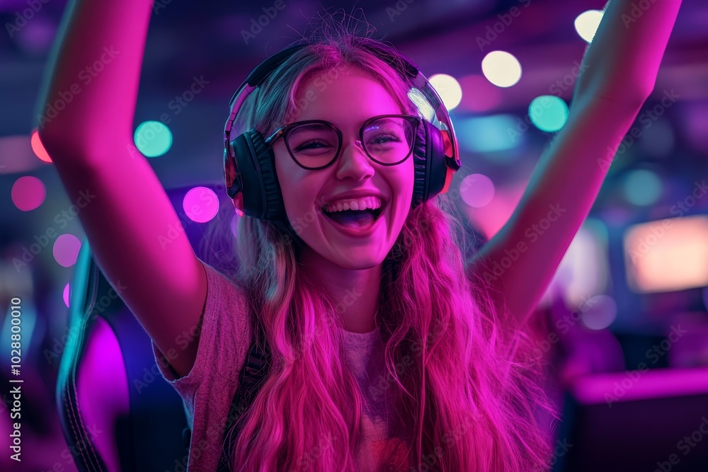 Cheerful female gamer winning an online game on a laptop, Generative AI Cheerful female gamer winning an online game on a laptop, Generative AI