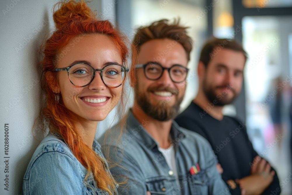 Happy colleagues standing against wall in office, Generative AI Happy colleagues standing against wall in office, Generative AI