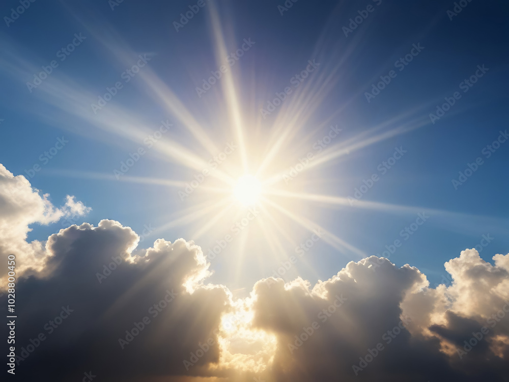 Sunshine with Radiant Rays and Clouds in a dark Blue Sky.. Sunshine with Radiant Rays and Clouds in a dark Blue Sky..