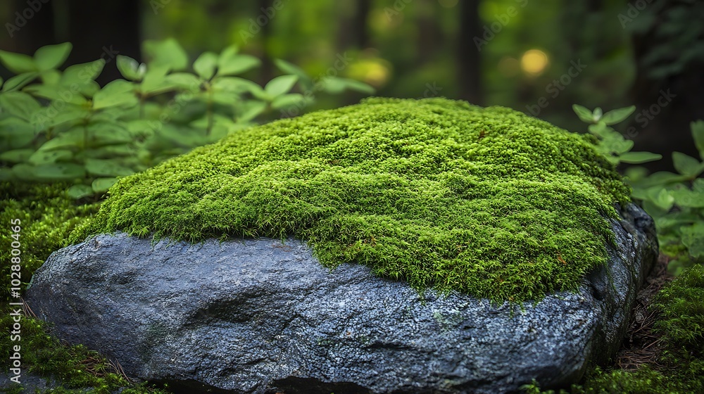 A lush moss blanket envelops a weathered rock in a serene forest setting during golden hour background A lush moss blanket envelops a weathered rock in a serene forest setting during golden hour background
