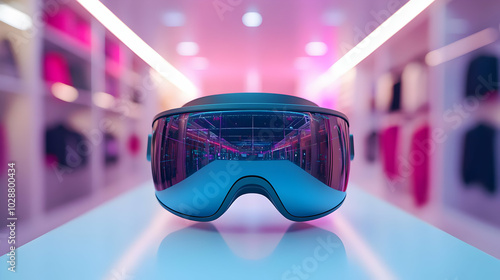 3D Glossy VR Glasses Projecting Holographic Shopping Aisle - Dynamic Wide Shot with Copy Space and Virtual Retail Elements on Isolated White Background