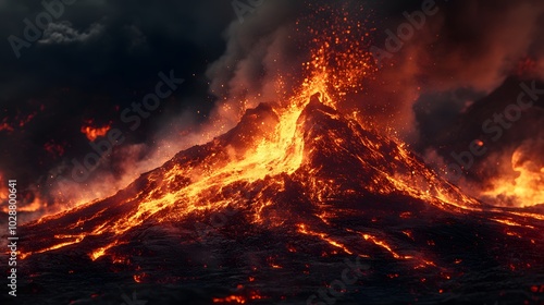 A volcanic eruption with flowing lava and molten rock under a night sky, featuring dramatic lighting and intense heat in a photorealistic landscape.