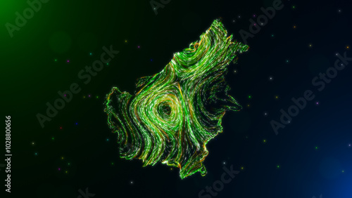 Abstract glowing map of the Borneo, featuring swirling neon green and yellow Hairlines, set against a dark background with scattered colorful particles