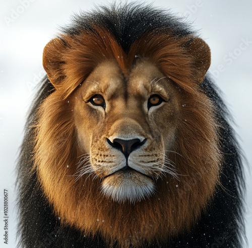 A majestic lion gazing directly at the camera in its natural habitat during g...