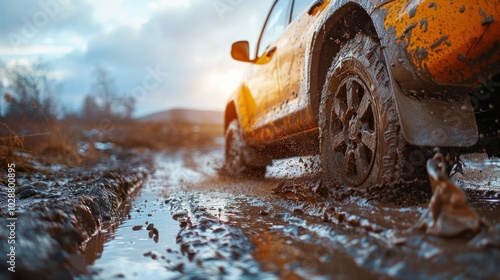 Closeup of car tire wheel passing through dirty mud on a road. Automobile truck transport or off road rally race competition, extreme adventure travel.