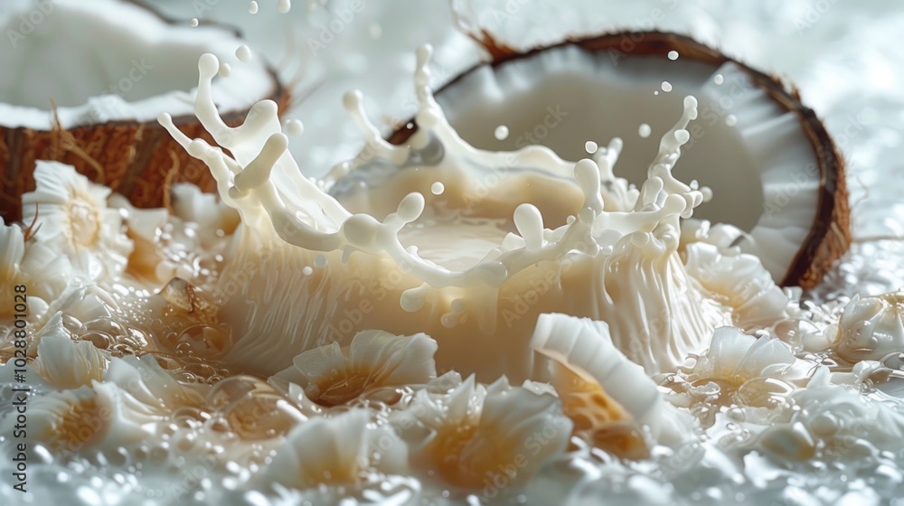 Coconut milk splash with fresh tropical fruit, cracked and flowing white liquid. Coconut milk splash with fresh tropical fruit, cracked and flowing white liquid.