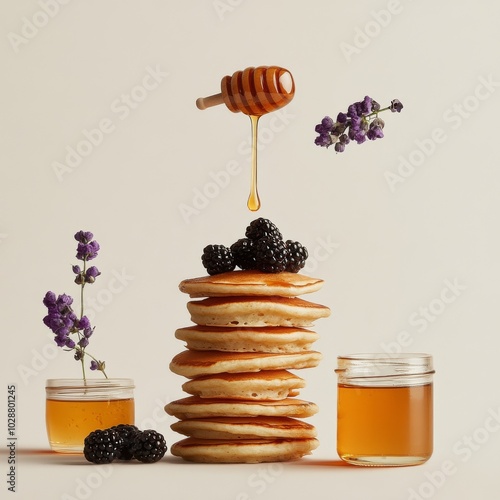 Delicious stack of pancakes topped with honey and fresh berries on a minimali...