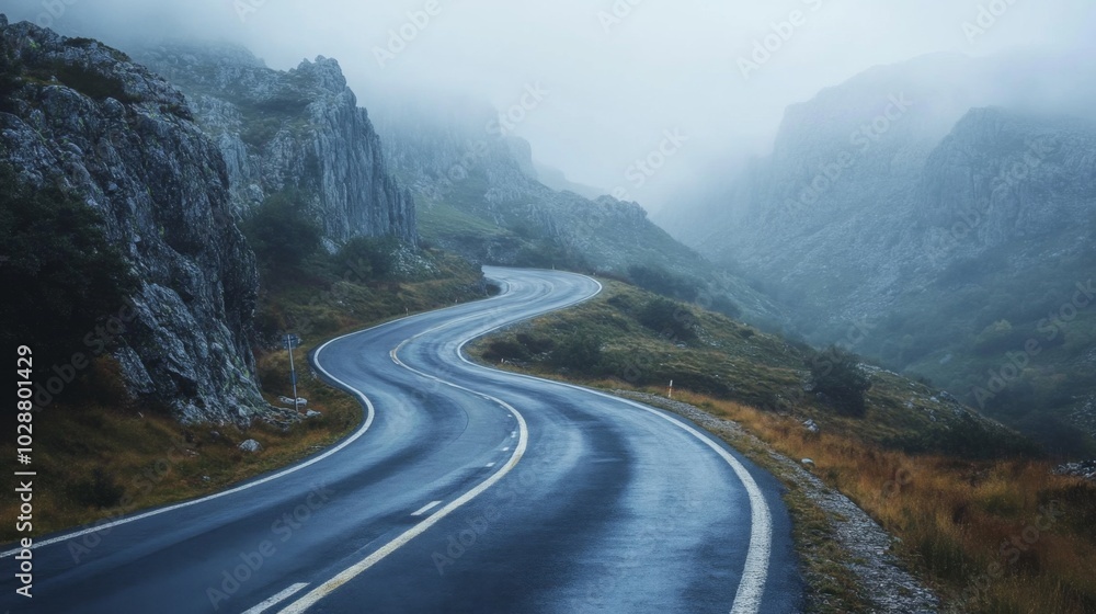 Fototapeta premium Winding Asphalt Road Through Misty Mountain Pass