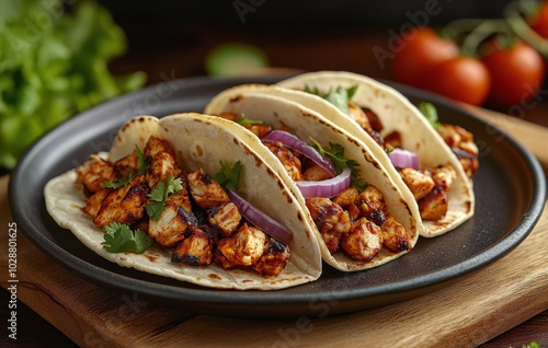 Delicious grilled chicken tacos served on a black plate with fresh vegetables...