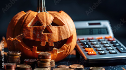 Halloween pumpkin, next to coins and calculator, financial market elements, black background.