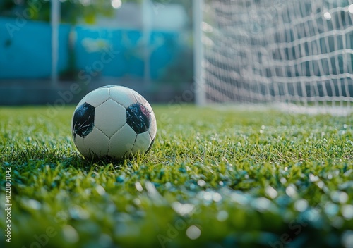 A close up view of a soccer ball on green grass in a well maintained sports f...
