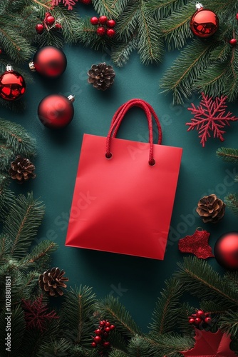 Red shopping bag surrounded by holiday decorations on a green background
