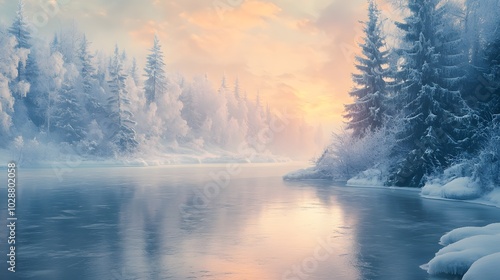 Winter landscape featuring a frozen lake and snow-covered evergreen forest with pastel skies and reflective icy shoreline in a serene Nordic wilderness.