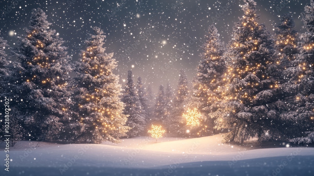 shiny stars in the forest.snow covered christmas trees shiny stars in the forest.snow covered christmas trees