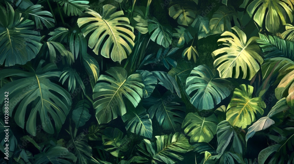 Lush Green Tropical Foliage with Varying Leaf Shapes and Textures Lush Green Tropical Foliage with Varying Leaf Shapes and Textures
