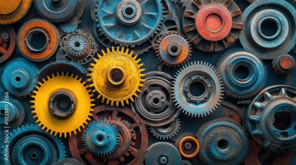 A colorful array of various machine gears and cogs intricately arranged, representing the complexity of machinery and the teamwork that drives engineering innovation. A colorful array of various machine gears and cogs intricately arranged, representing the complexity of machinery and the teamwork that drives engineering innovation.