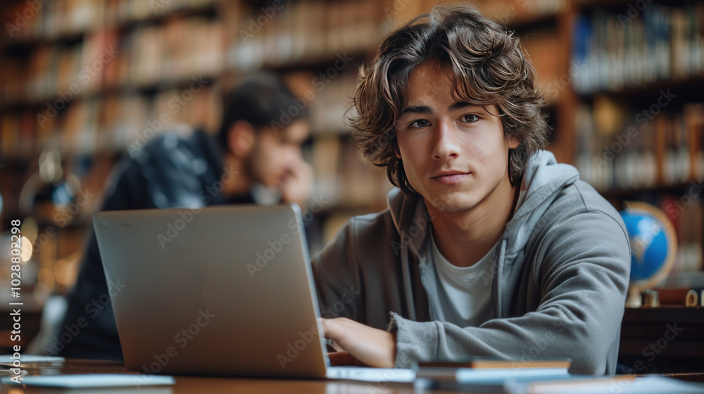 Happy teenager boy student using a laptop in the library, focused on learning and research, school education and studying with technology in a college environment. Happy teenager boy student using a laptop in the library, focused on learning and research, school education and studying with technology in a college environment.