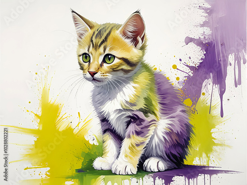 abstract oil painting, large brushstrokes kitten in yellow-violet-green tones on a white background photo