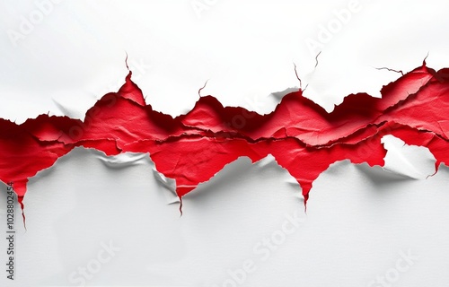 Frayed red paper tearing to reveal a white background with splattered paint e...