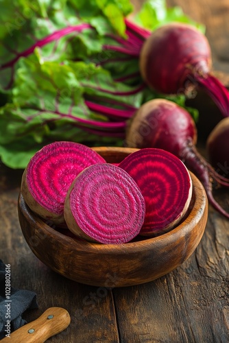 Freshly sliced beetroots displayed in a rustic wooden bowl with whole beets i...