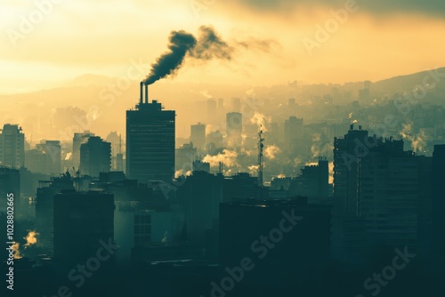 A silhouette of a city skyline with large chimneys releasing dark smoke into the air, contributing to air pollution. photo