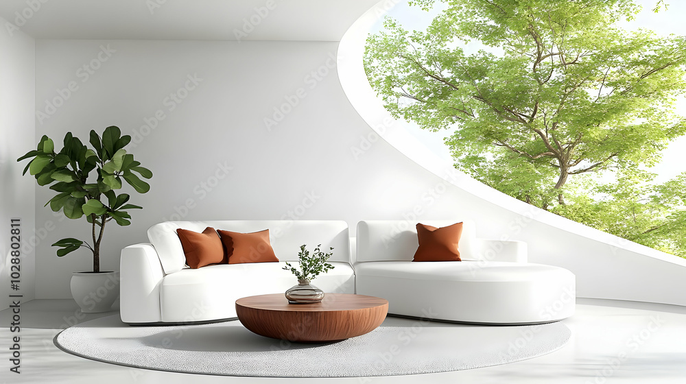 Modern living room with a white sofa and natural greenery. Modern living room with a white sofa and natural greenery.