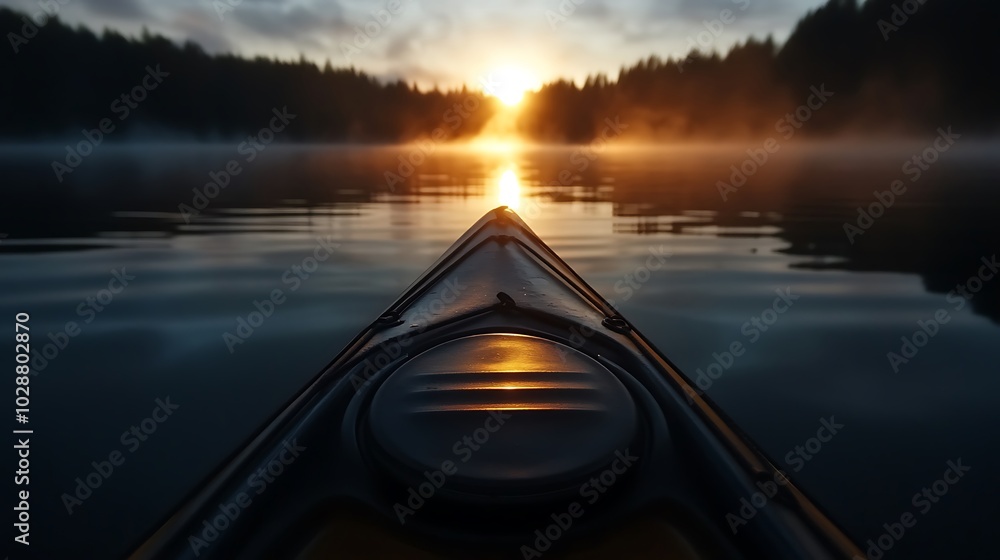 Kayak bow facing sunrise over a misty lake. Kayak bow facing sunrise over a misty lake.