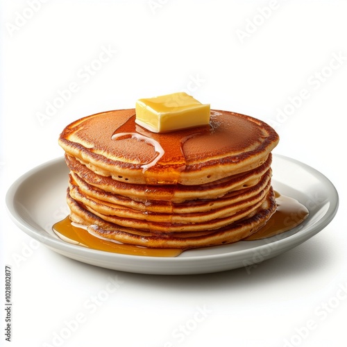 Stack of fluffy pancakes drizzled with syrup and topped with a pat of butter ...