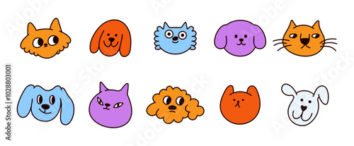 Funny pets, dogs and cats, vector illustration in trendy flat simple linear style, funny mascot and cartoon character, friendly sticker and badge for advertising, social media