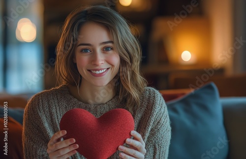A woman smiles warmly while holding a glowing red heart shaped pillow at home...