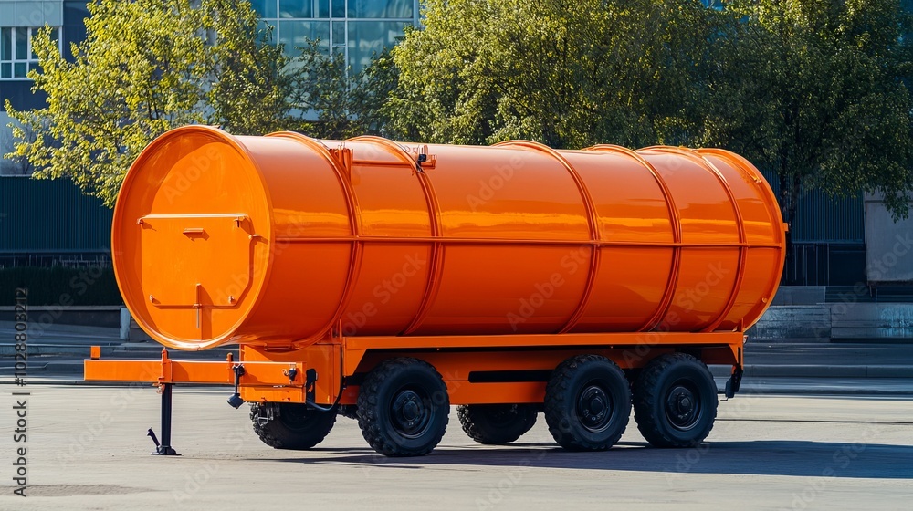 orange keg trailer parked in parking lot. Street irrigation tank. for special equipment
orange keg trailer parked in parking lot. Street irrigation tank. for special equipment