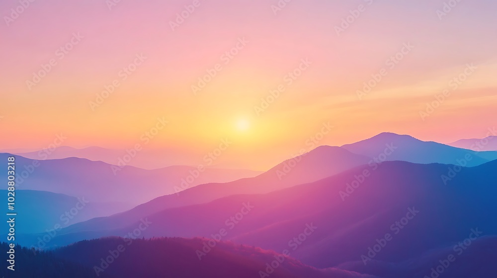 A serene sunrise enveloping the mountains in soft hues of orange and purple at dawn background A serene sunrise enveloping the mountains in soft hues of orange and purple at dawn background