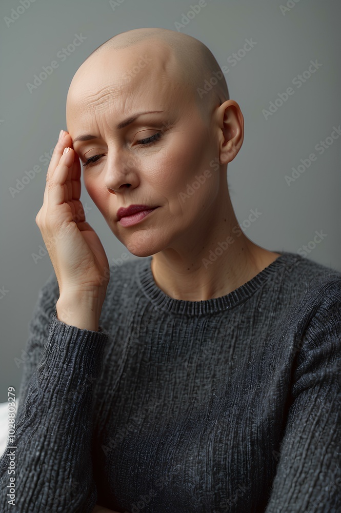 Bald Woman with Headache After Chemotherapy - Cancer Treatment and Healthcare Concept Bald Woman with Headache After Chemotherapy - Cancer Treatment and Healthcare Concept