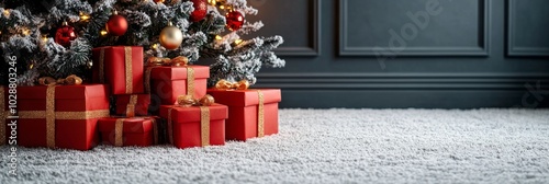 Festively wrapped presents arranged under a Christmas tree with warm holiday ...