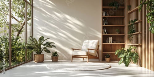 Modern reading nook with wooden shelves and plants in a spacious, sunlit room