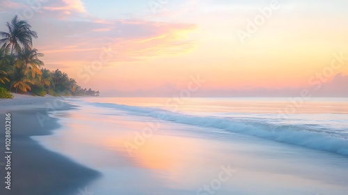 A serene sunrise illuminates a tranquil beach with soft pink hues and gentle waves background