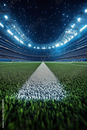 A vibrant football stadium under bright lights with an expansive green field ...