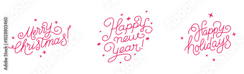 Vector greeting card with stars and sparkles in line style  - merry christmas hand-lettering with line shapes and forms, horizontal banner and background, happy holidays, happy new year