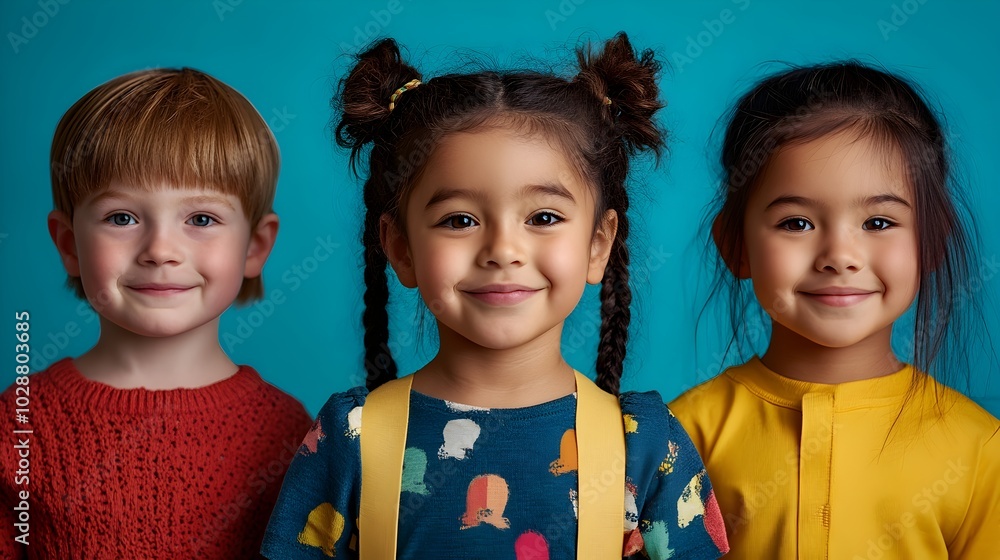 Smiling Diverse Children Representing Unity and Inclusion in Colorful Portrait. Cheerful young multiracial kids depicting the values of diversity,friendship and acceptance. Smiling Diverse Children Representing Unity and Inclusion in Colorful Portrait. Cheerful young multiracial kids depicting the values of diversity,friendship and acceptance.
