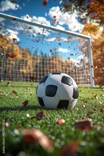 A field scattered with small soccer balls in front of a goal under a clear bl...