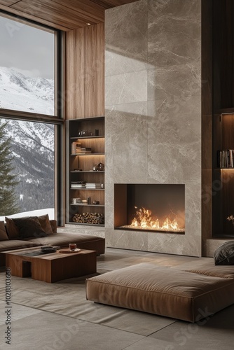 Cozy living room with a fireplace and snowy mountain view during winter